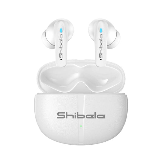 Shibela PureSound headphones in white charging case showcasing sleek design and modern technology.