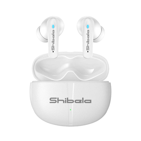 Shibela PureSound headphones in white charging case showcasing sleek design and modern technology.